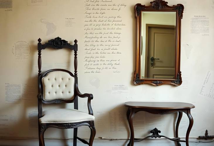 Vintage Chair, Mirror, and Table Against a Rustic Wall  A Nostalgic Interior